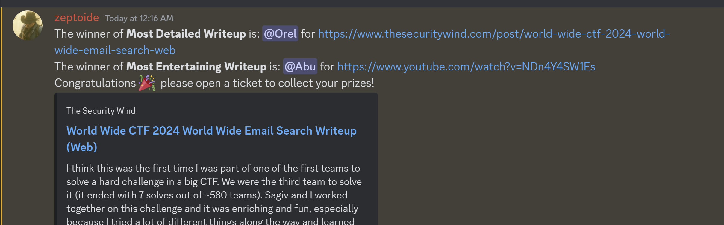 The announcement of my winning